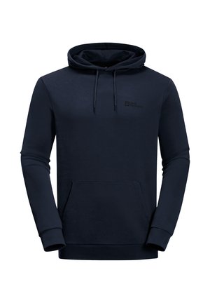 Navy blue cotton hoodie with a kangaroo pocket, drawstring hood, and a small logo on the chest. Long sleeves with ribbed cuffs.