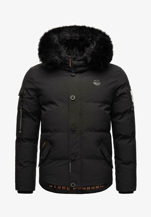 Czarna kurtka puchowa z kapturem podszytym sztucznym futrem, przednimi guzikami, kieszenią na zamek na ramieniu oraz wyraźnym logo na wewnętrznej podszewce.