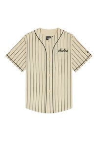 Beige short-sleeve jersey shirt with black vertical stripes, button front, and "New Era" logo embroidered on the left side. Soft fabric.