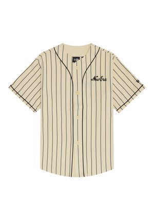 Beige short-sleeve jersey shirt with black vertical stripes, button front, and "New Era" logo embroidered on the left side. Soft fabric.