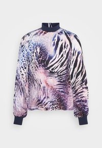 Long-sleeve pullover with a high neck, featuring a colorful animal print in purple, black, and pink. Ribbed cuffs at the sleeves.