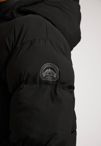 Zwarte donsjack mouw met opvallend rond logo met een bergontwerp. Materiaal is glad met een licht matte textuur.