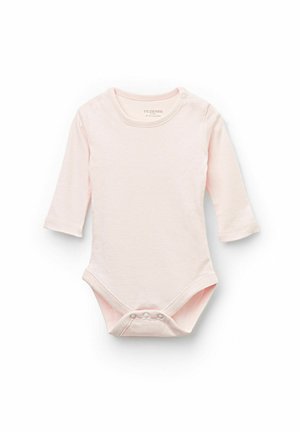 Langärmliger Baby-Body aus weichem, pinkem Baumwollstoff mit rundem Ausschnitt, Druckknöpfen an den Schultern und Druckknopfverschluss am Boden. Geeignet für 0-3 Monate.