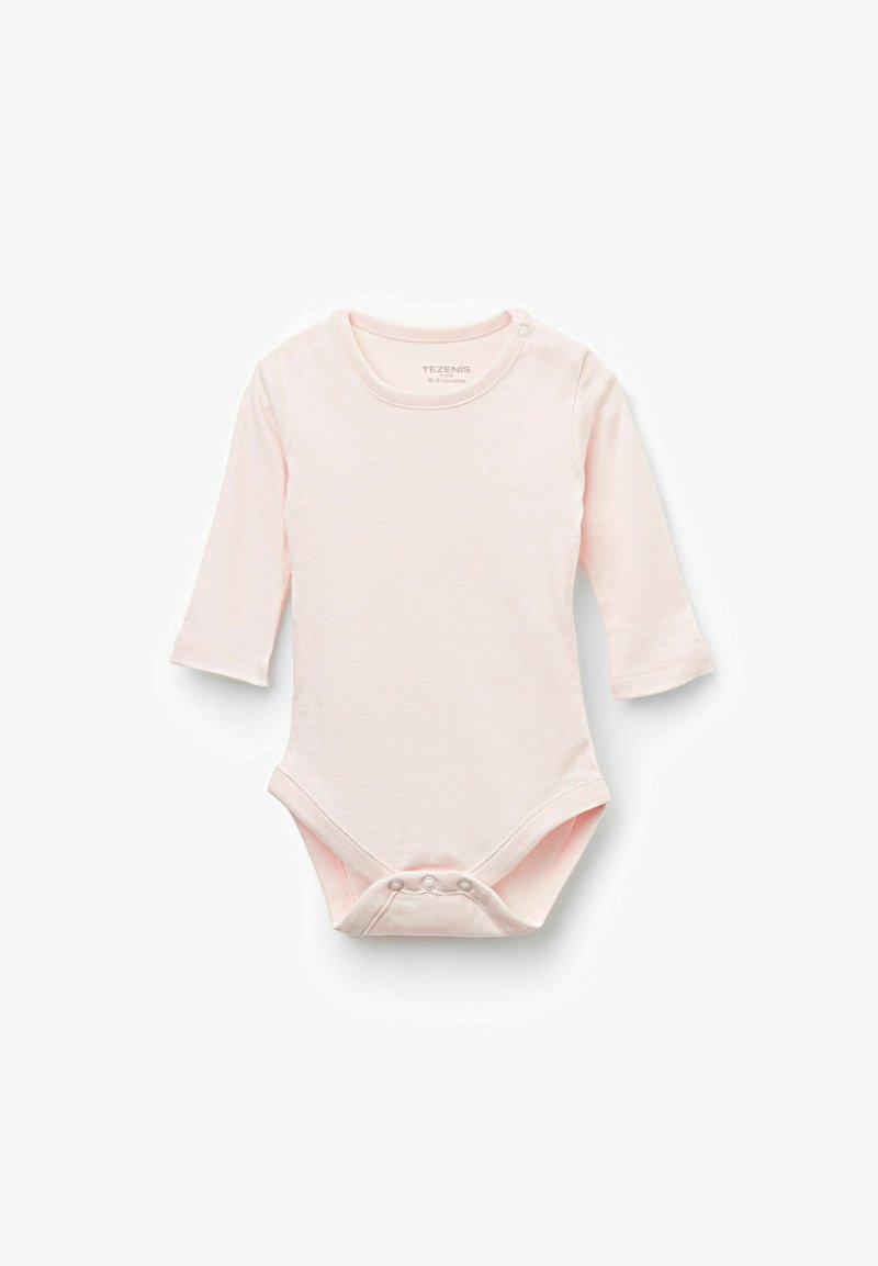 Bodysuit à manches longues en coton rose doux avec un col rond, des pressions sur les épaules et une fermeture par pression en bas. Convient pour les 0-3 mois.