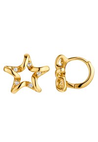 Orecchini a forma di stella dorata con tre pietre preziose trasparenti incastonate, caratterizzati da una superficie liscia e una finitura lucida per un design elegante.