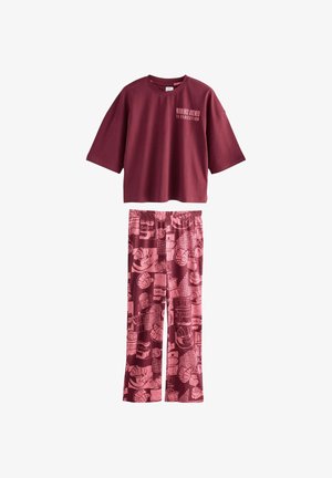 Tumepruun puuvillane pidžaamakomplekt, mis sisaldab laia lühikeste varrukatega särki, millel on tekst, ning mustriga pükse, millel on toiduga seotud graafika helesinises tumepruunis.