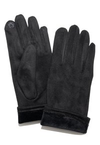 Schwarze Handschuhe aus weichem, strukturiertem Material. Merkmale sind ein umgeschlagener Bündchen und ein kleiner dekorativer Akzent im Handgelenkbereich.