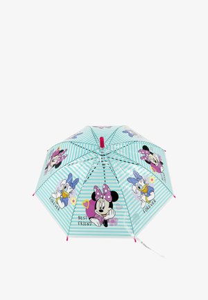 Light blue and white striped umbrella with graphic designs of Minnie Mouse and Daisy Duck, featuring pink accents and text elements.
