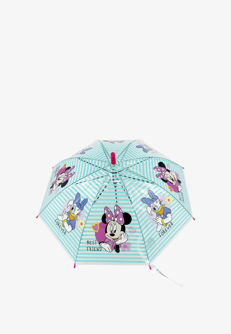 Light blue and white striped umbrella with graphic designs of Minnie Mouse and Daisy Duck, featuring pink accents and text elements.