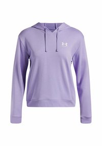 Purple hoodie made of soft, lightweight fabric. Features a front pocket, adjustable drawstring hood, and white logo on the chest.