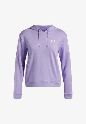 Lilla hoodie lavet af blød, letvægtsstof. Har en frontlomme, justerbar snoretræk til hætten og hvidt logo på brystet.