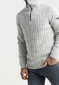 Maglione lavorato a maglia grigio chiaro con colletto alto, chiusura con mezza zip e motivo a trecce testurizzato; abbinato a jeans scuri.