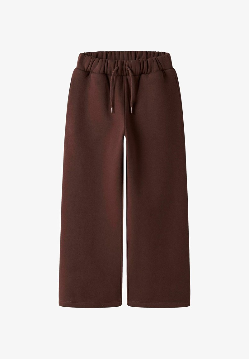 Bruine wijde sweatpants met elastische tailleband en trekkoord, gemaakt van zachte stof voor casual draag.