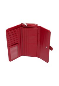 Rode neplederen portemonnee met een gladde, glanzende afwerking. Bevat verschillende kaartvakjes en een doorzichtig ID-vak, beveiligd met een drukknoopsluiting.