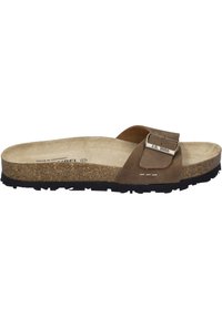 Brown leather slide sandal with a padded strap, silver buckle accent, cork footbed, and textured black rubber sole. Made in Germany.
