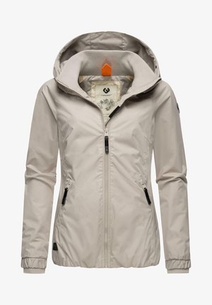 Giacca beige chiaro con cappuccio, dotata di zip frontale, due tasche laterali, polsini a coste e foderato con un motivo. Accento arancione sul cappuccio.