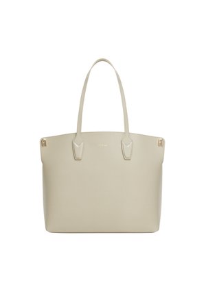 Sac cabas beige Furla avec deux anses, forme rectangulaire et petits accents dorés du logo à l’avant et aux coins.