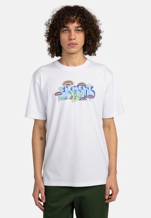 White cotton t-shirt featuring a colorful graphic print of stylized text and palm trees. Round neckline, short sleeves, relaxed fit.