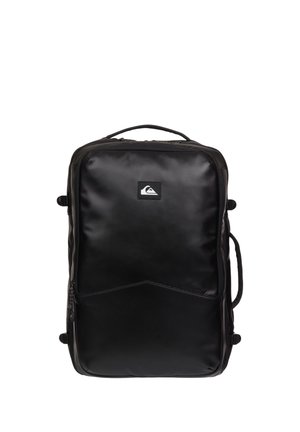 Black rectangular travel bag with a small white logo centered near the top and a handle on top and side.