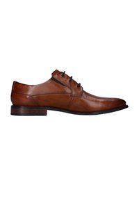 Brown leather men's dress shoe with black laces, low wooden heel, and pointed toe, shown from the side on white background.