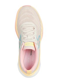 Hellrosa Laufschuh mit atmungsaktivem Mesh-Obermaterial, blauen Akzenten und gelber Sohle. Verfügt über eine strukturierte Oberfläche und eine gepolsterte Innensohle.