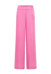 High-waisted wide-leg pants in solid bright pink with an elastic waistband and side pockets.
