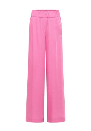High-waisted wide-leg pants in solid bright pink with an elastic waistband and side pockets.