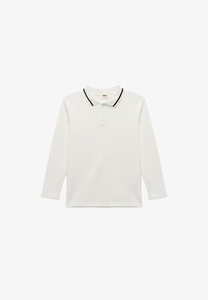 Wit polo shirt met lange mouwen van gestructureerd katoen, met een zwart afgewerkt kraag en een drieknoopsluiting.