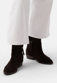 Stivaletti in suede marrone con punta appuntita, bordi decorativi a onda e zip laterale. Presentano un tacco basso impilato.