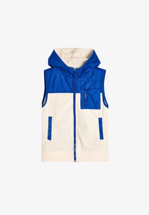 Gilet a blocchi di colore con cappuccio in nylon blu e parte anteriore, corpo in pile crema. Include tasche con zip e chiusura frontale con zip.