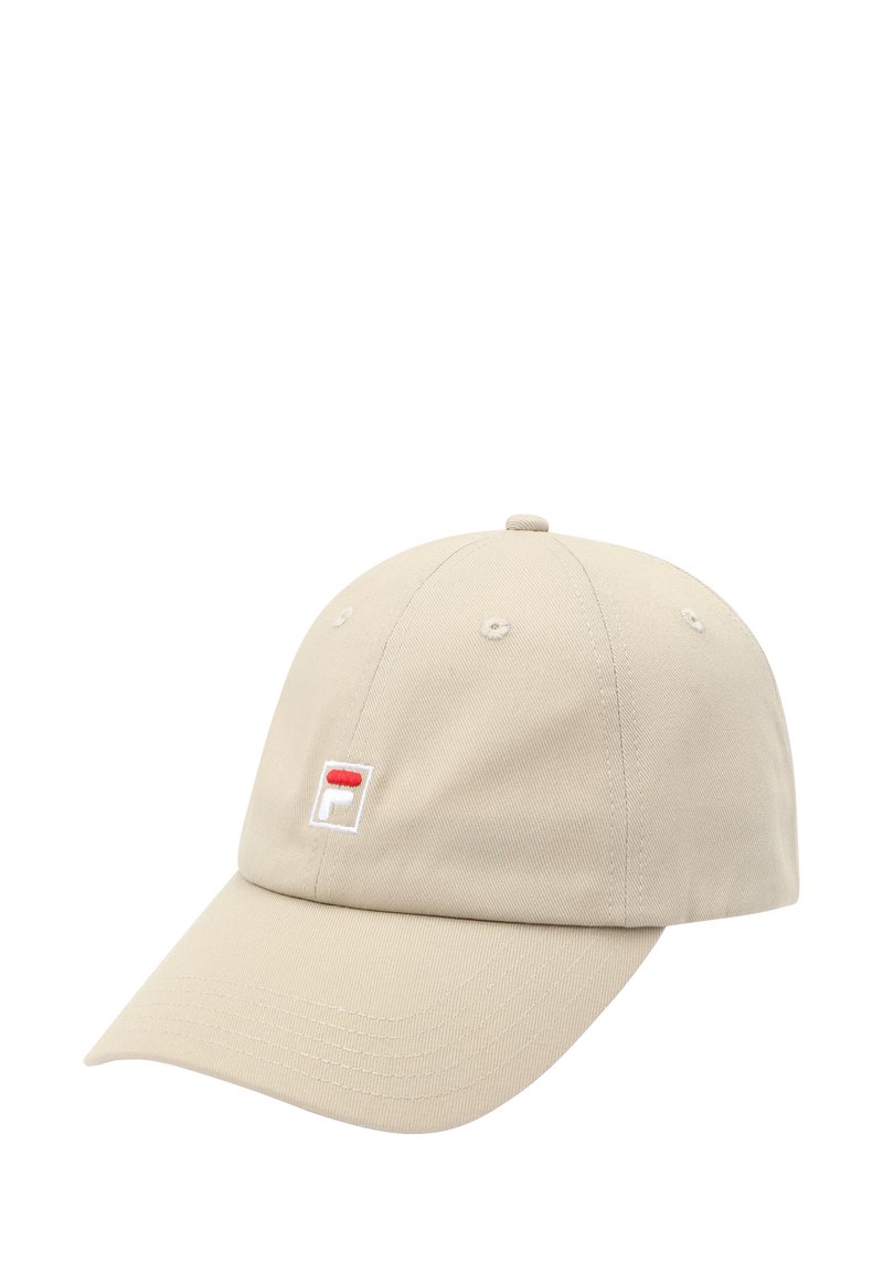 Beige baseball cap lavet af bomulds-twill, med et syet logo i et rødt og hvidt kvadrat foran og en buet skygge.