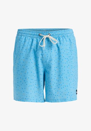 Svetlomodré plavky s nastaviteľným pásom, s geometrickým vzorom malých štvorcov v modrej, žltej a bielej farbe. Mäkká látka.