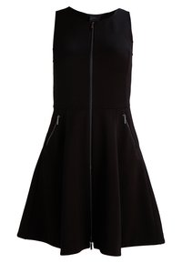 Robe noire sans manches avec fermeture éclair à l'avant et deux poches latérales zippées, ajustée en haut avec une jupe évasée.