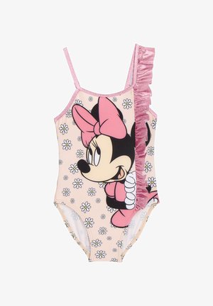 Costume intero da bagno con sfondo rosa, grafica di Minnie Mouse nera e rosa, margherite bianche e un'accento arricciato rosa su una spalla.