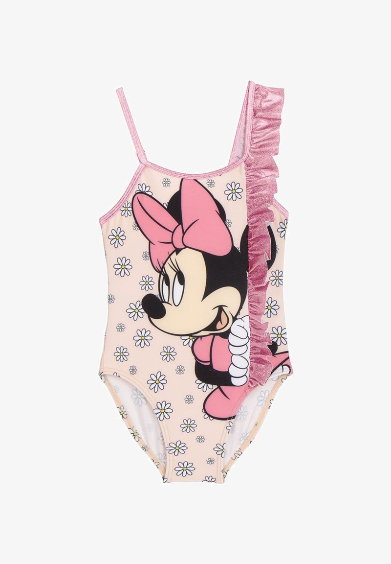 Maillot de bain une pièce avec un fond rose, un graphique de Minnie Mouse noir et rose, des marguerites blanches et un accent froncé rose sur une épaule.