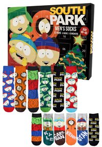 Collezione di calzini da uomo composta da 12 paia con vari design colorati, inclusi personaggi e motivi di South Park. Taglia 40-45.