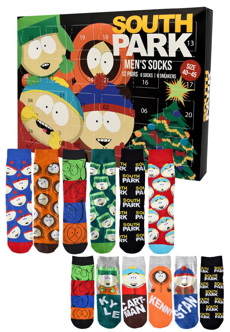 Collezione di calzini da uomo composta da 12 paia con vari design colorati, inclusi personaggi e motivi di South Park. Taglia 40-45.