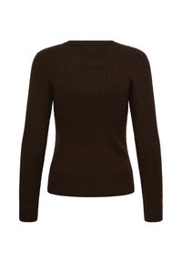 Pull en maille torsadée marron foncé à manches longues avec ourlet côtelé, vu de dos.