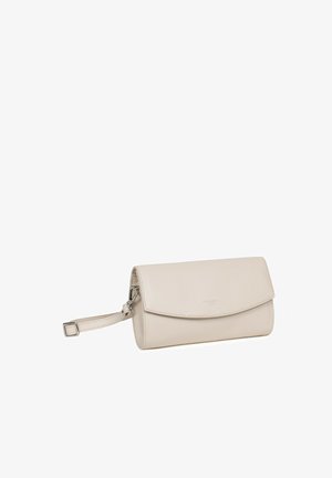 Clutch in pelle beige con design pieghevole, tracolla, superficie liscia e logo in rilievo discreto sulla parte anteriore.