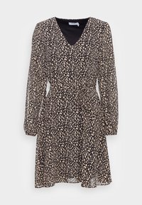 Robe noire avec manches longues et transparentes et col en V. Présente un motif abstrait beige et une taille nouée pour un ajustement modulable.