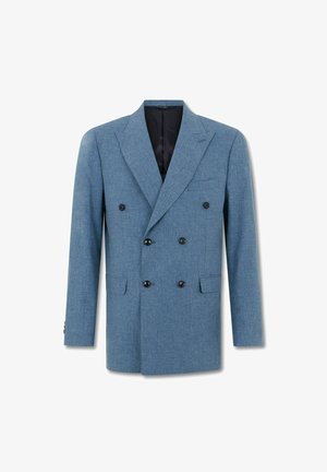 Dubbelgeknoopte herenblazer in een lichtblauwe, gestructureerde stof met piekrevers en zwarte knopen, afgebeeld tegen een witte achtergrond.