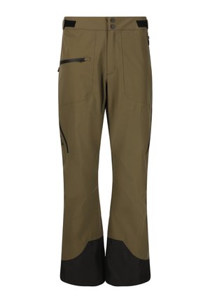 Pantalons d'extérieur vert olive avec des poignets renforcés noirs, poche zippée sur la cuisse droite et fermeture à taille à double bouton et Velcro.