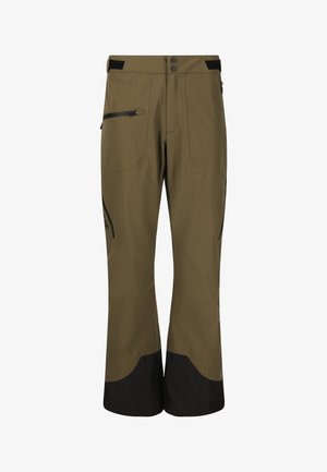 Vihreät ulkoiluhousut, joissa on mustat vahvistetut lahkeet, vetoketjullinen tasku oikealla reidellä sekä kaksipainikkeinen ja tarranauhalla varustettu vyötärön suljin.