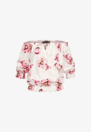 Bílá blouse s odhalenými rameny, s růžovým květinovým a motýlím potiskem, s elastickými manžetami a spodním lemem, a s detaily na šňůrku u výstřihu.