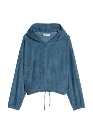 Veste à capuche bleue zippée, manches longues, ourlet avec cordon de serrage et tissu doux texturé, étiquetée "Marc O'Polo Denim."