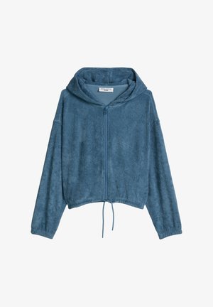 Veste à capuche bleue zippée, manches longues, ourlet avec cordon de serrage et tissu doux texturé, étiquetée "Marc O'Polo Denim."