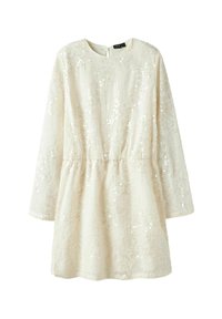 Robe mini à manches longues de couleur crème avec un col rond, entièrement recouverte de paillettes, taille froncée et une petite fermeture à bouton à l'arrière.
