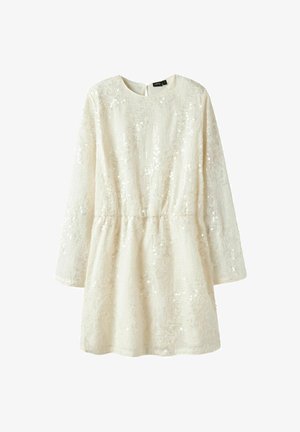 Krem boje mini haljina dugih rukava s okruglim izrezom i sveukupnim šljokicama, skupljenim pojasom i malim zatvaranjem na dugme straga.