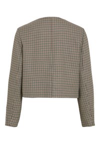 Skraćena jakna s uzorkom houndstooth u smeškim i krem tonovima, dugih rukava i blago teksturiranom tkaninom.