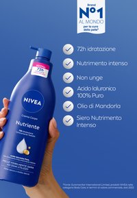 Bottiglia di crema corpo NIVEA Nutriente, blu scuro, con erogatore a pompa. Contiene acido ialuronico, olio di mandorle e indicazioni idratanti sull'etichetta.